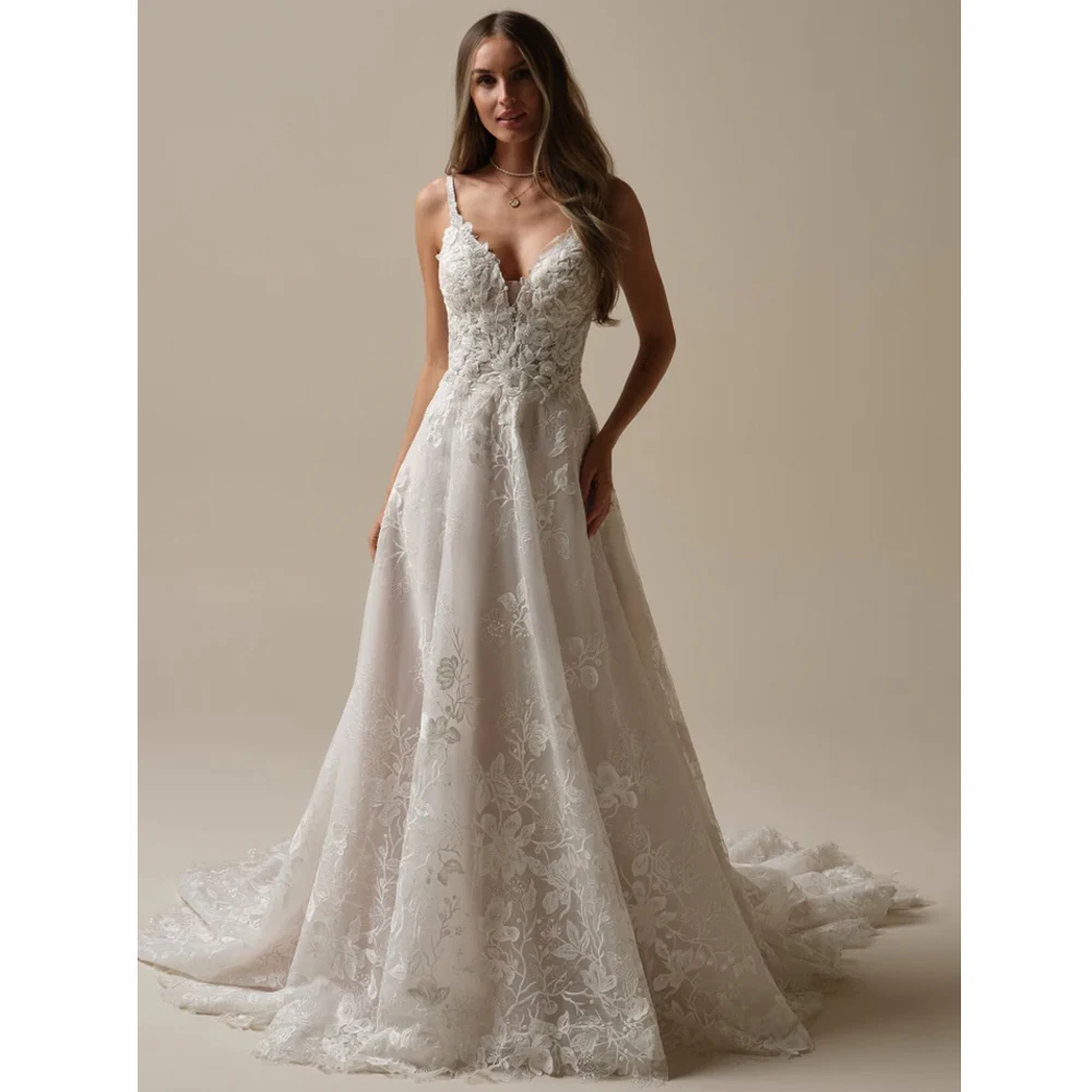 Customized Ivory Wedding Dresses with Lace Spaghetti Straps Bridal Gowns for Women 2025 Summer Soft Tulle Vestido De Novia New