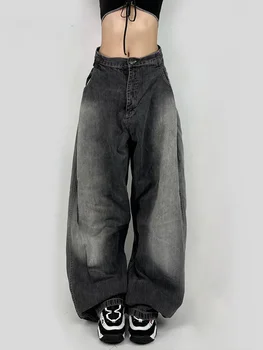 Kadın Baggy Yüksek Bel Geniş Bacak Denim Kargo Pantolon Streetwear Büyük Boy Kot Harajuku y2k Vintage Anne Kore Tarzı