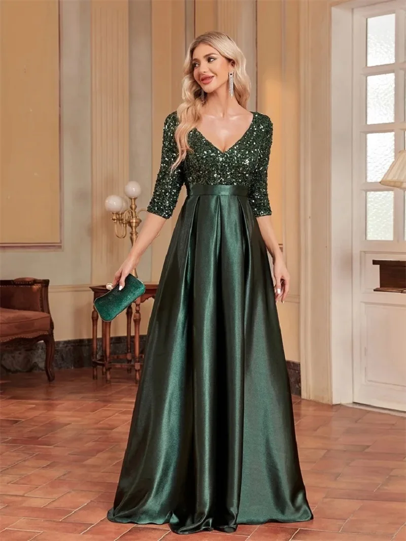 Elegantes kurzärmliges Pailletten-Abendkleid 2023, Damen-Satin, Abschlussball, Party, grünes Kleid, bodenlang, formelles Cocktailkleid