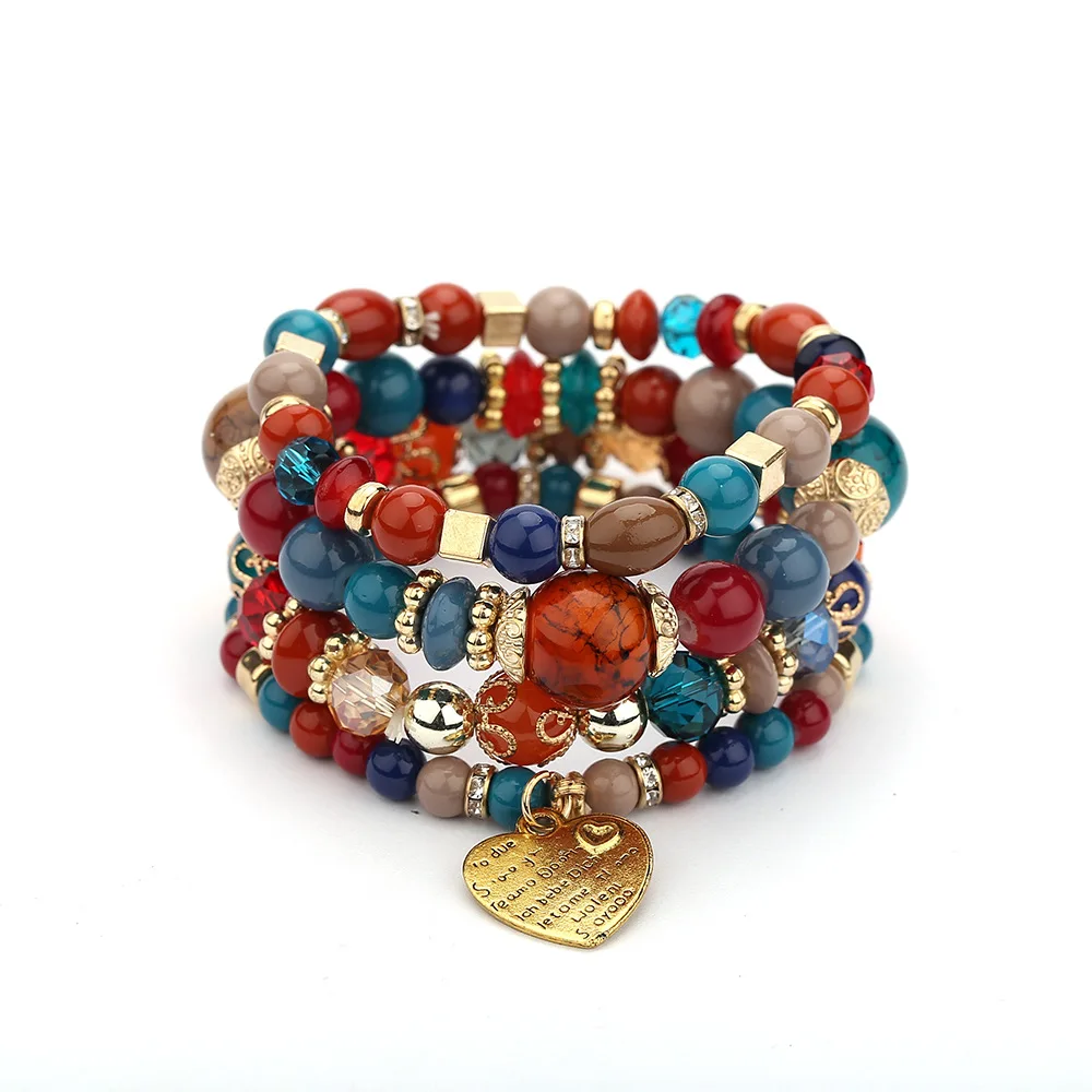 4-teiliges Boho-Armband-Set mit Kristallperlen und Kettendesign für Damen, Vintage-Herzanhänger, elastisches Armband, modischer Party-Schmuck für Frauen – Detail 5