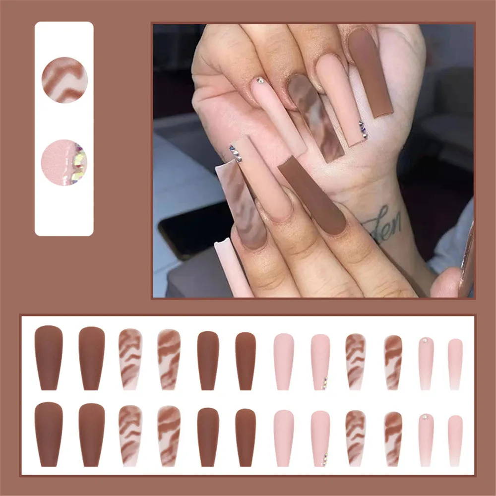 Warm Chocolate Color Long Ballerina Fake Nails With Designs Autumn Winter New French Coffin False Nail Tips Set Press On Nails