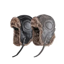 Earflap Ushanka ciepłe futro kapelusz skórzany kask armii Bomber traper wiatroszczelna Unisex Pilot Aviator kostium czapka radziecka dla mężczyzn kobiety