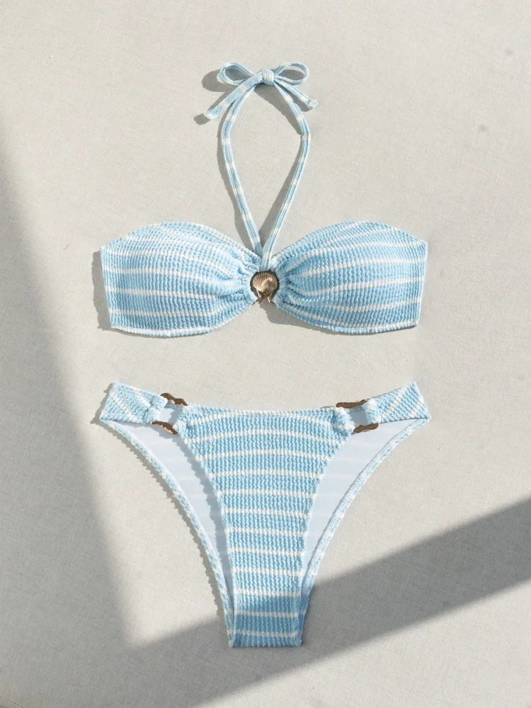 Bikini Women Swimsuit 2025 New Striped Halter Design Bikinis Set Sexy Metal Decoration Swimwear Summer Beach Bathing Suit Female