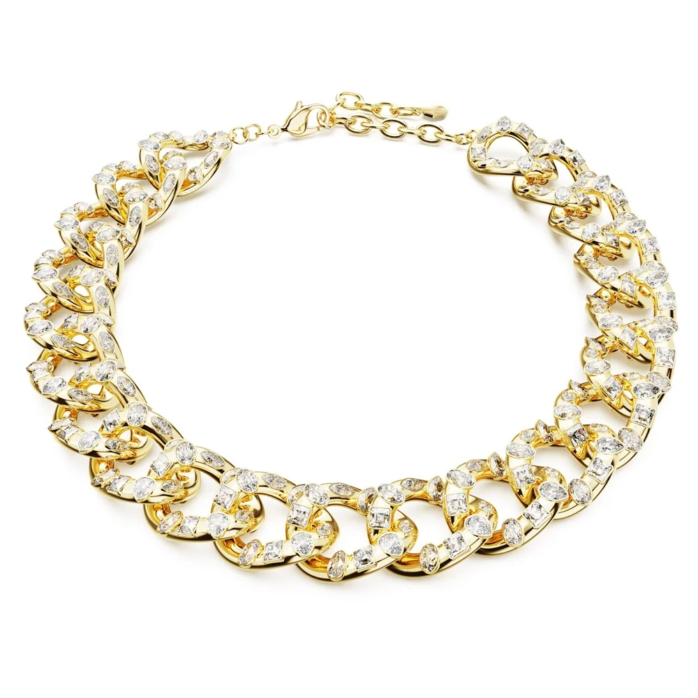 

Позолоченное колье-чокер с кубинским плетением и кристаллами