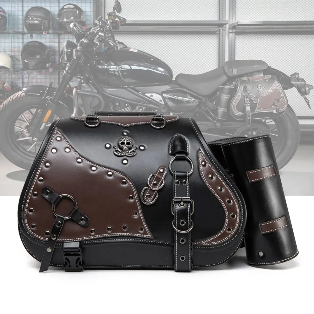 

Universal Retro Motorcycle Saddlebag Throwover Saddlebags for Harley XL883 Honda Yamaha Suzuki PU Leather with Cup Side Gear Bag