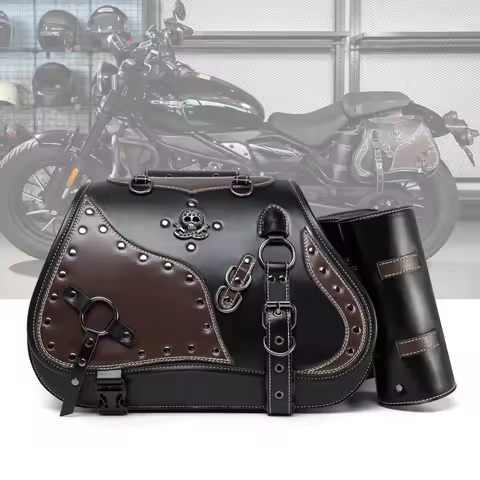 Universal Retro Motorcycle Saddlebag Throwover Saddlebags for Harley XL883 Honda Yamaha Suzuki PU Leather with Cup Side Gear Bag