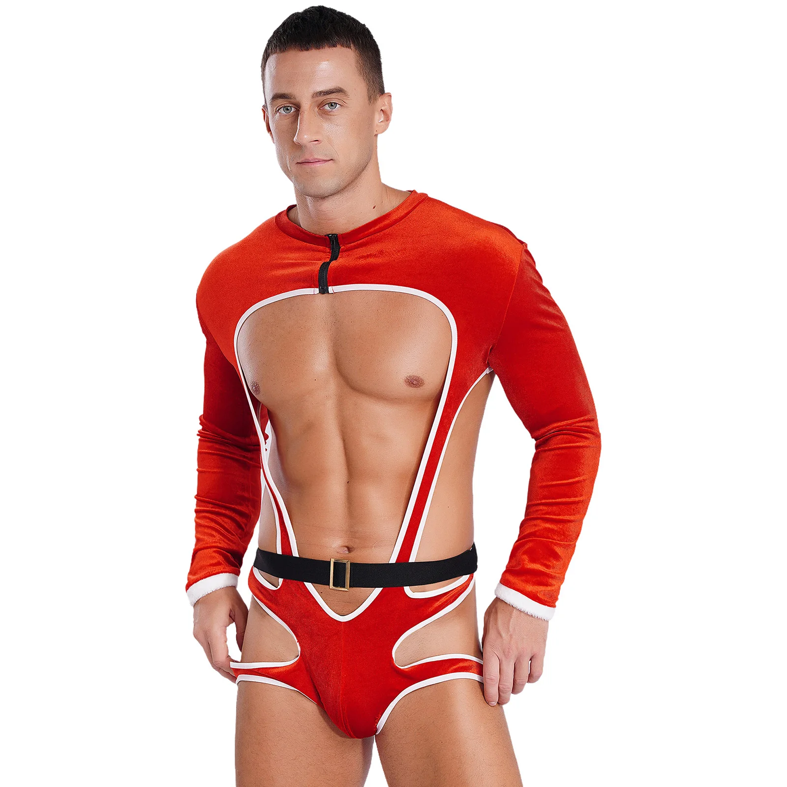 Traje de Navidad de Año Nuevo para hombres adultos, traje Sexy de terciopelo de Papá Noel de una pieza, leotardo, ropa de dormir, Festival, Carnaval, club nocturno, Bar