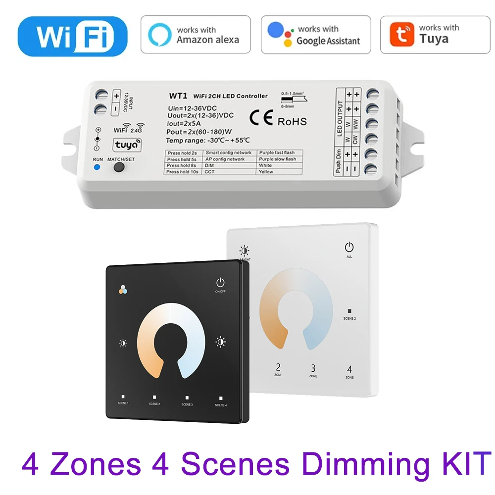 

LED Smart Dimmer 2 CH 12V 24V 36V CCT LED Strip Dimming Controller Kit 2.4G RF Remote Control 4 Zone Touch Switch For TUYA Wifi