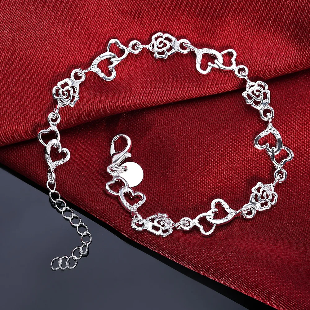 

Beautiful 925 Sterling Silver Bracelet For Women Bracelet Heart Lovely Flower Chain Fashion Wedding Party Cute Lady Nice Jewelry