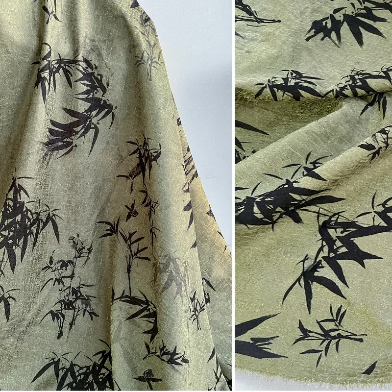 New Chinese Style Green Bamboo Patterned Cotton Linen Bamboo Leaf Printed Fashion Hanfu Qipao Dress Clothing Designer Fabric