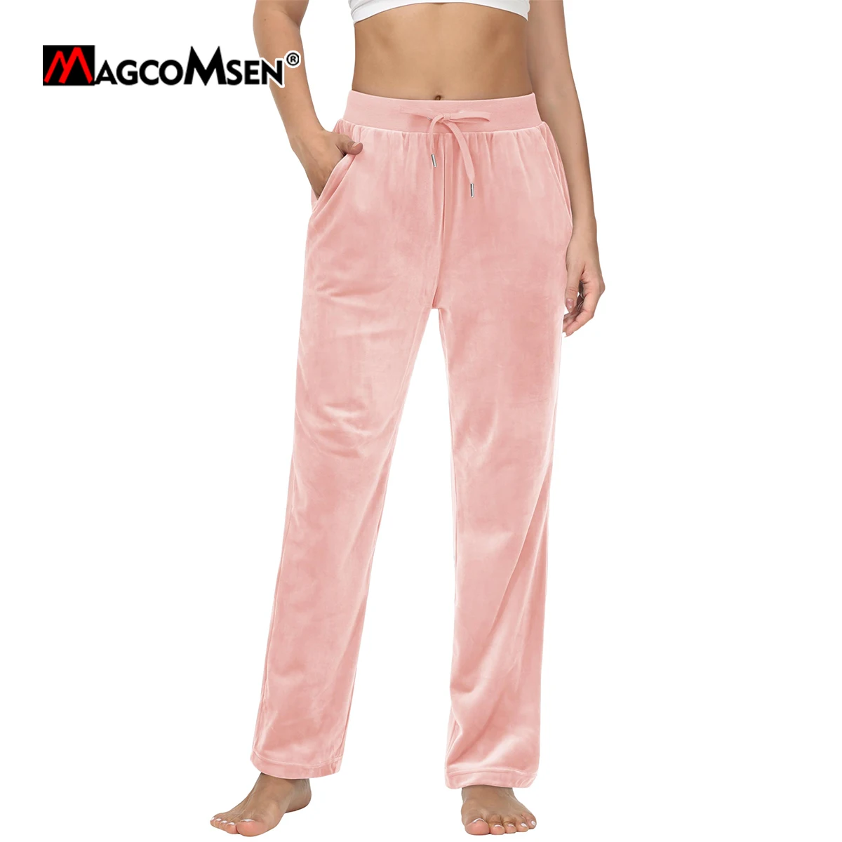 MAGCOMSEN Pink Women's Fleece Casual Pants Fall Winter Soft Warmth Drawstring Straight Pants with Pockets