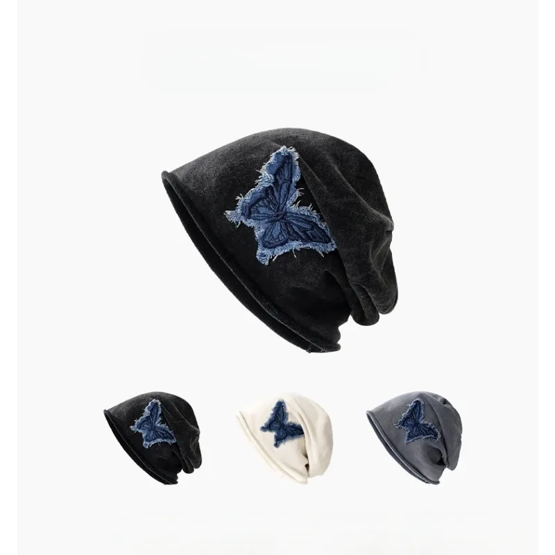 

Пуловер, шапка, осенне-зимняя повседневная джинсовая шапка с бабочкой, однотонная однотонная шапка с закрученными краями, новая шапочка для похудения в стиле ретро, высокий внешний вид