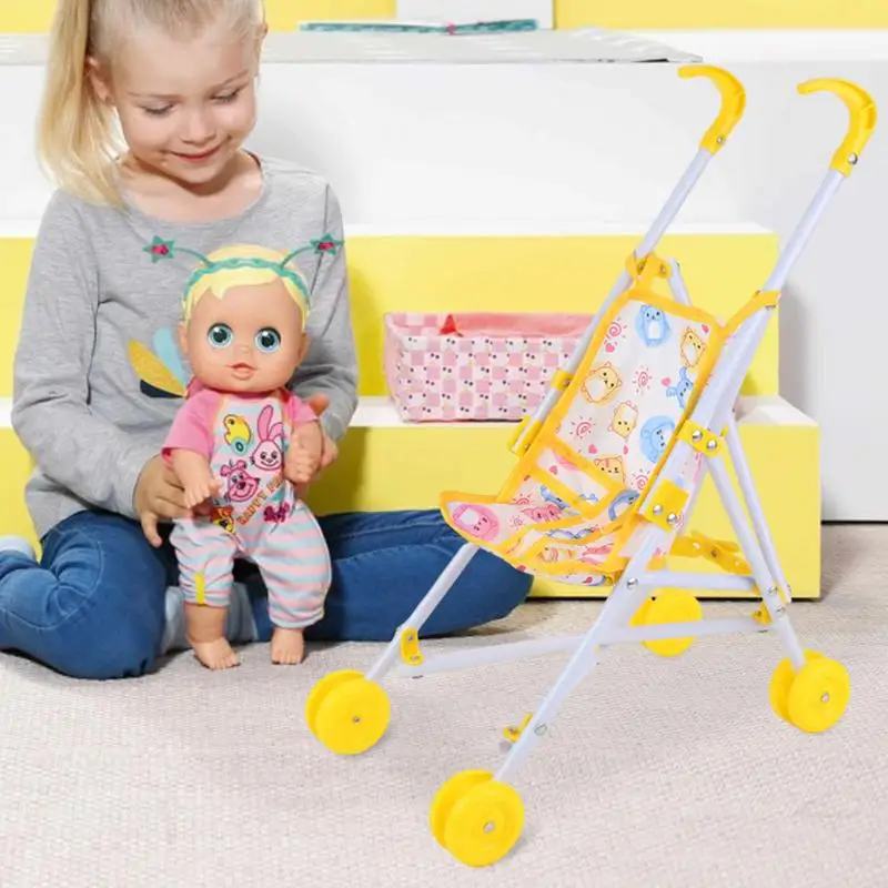 Cochecito de bebé, juguetes para juego de imitación, juego de rol para guardería, juego de muebles para casa de muñecas con cinturón en forma de T, cochecito de muñeca portátil para niños pequeños