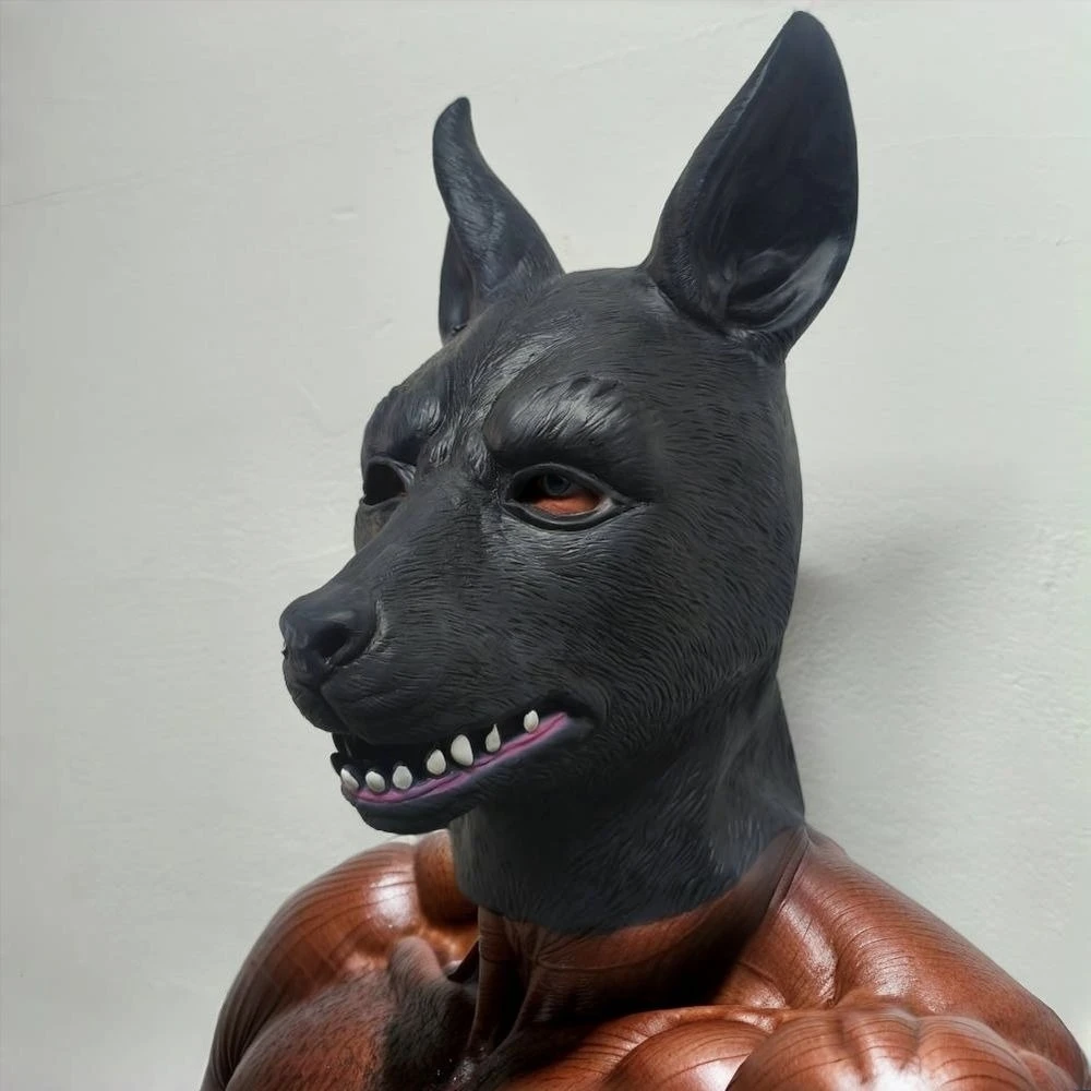 

Adult Black Mr. Dog Mask Sexy Party Accessory with Big Ears Rubber Animal Mask Handsome Obedient Sheepdog Costume for Men