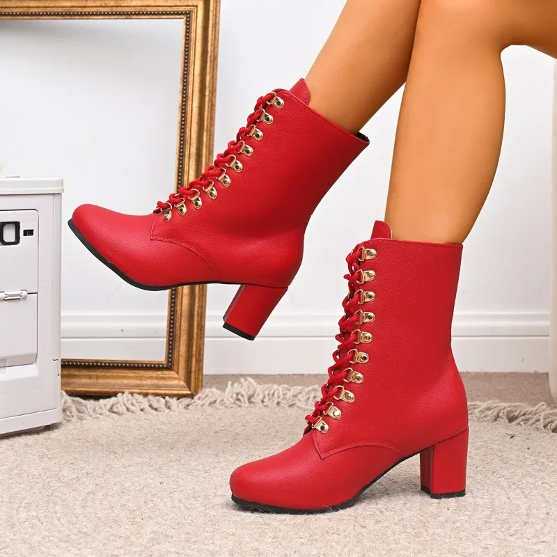 Plus Size Rivet Front Lace-Up Booties Fashion Round Toe Non-Slip Wear-Resistant Block Heel Shoes for Women