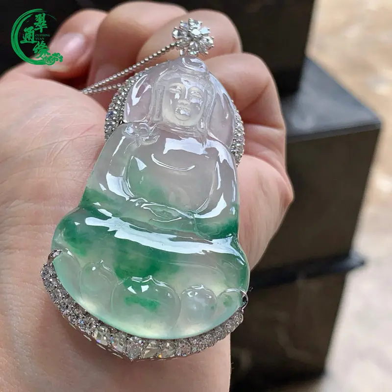 Colgante de Jadeíta Natural Birmana Cuitongyuan con Incrustaciones de Oro de 1k y Diamantes, Patrón de Flor de Hielo, Diseño Simple de Guanyin