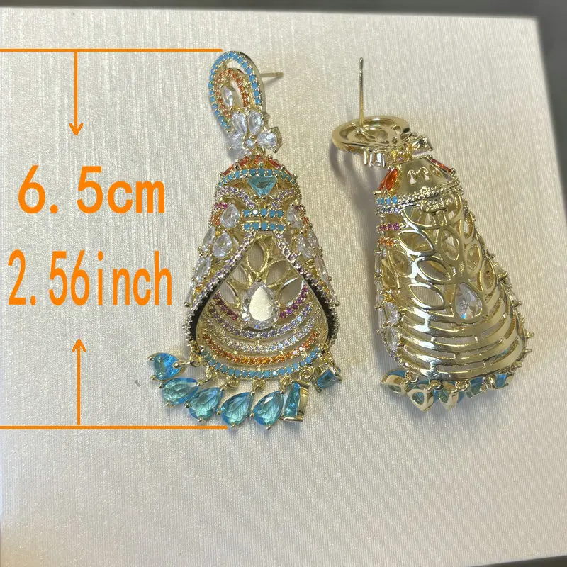 Bilincolor Luxury Fashion Light Yellow Gold Color Blue Tassel Earring for Women