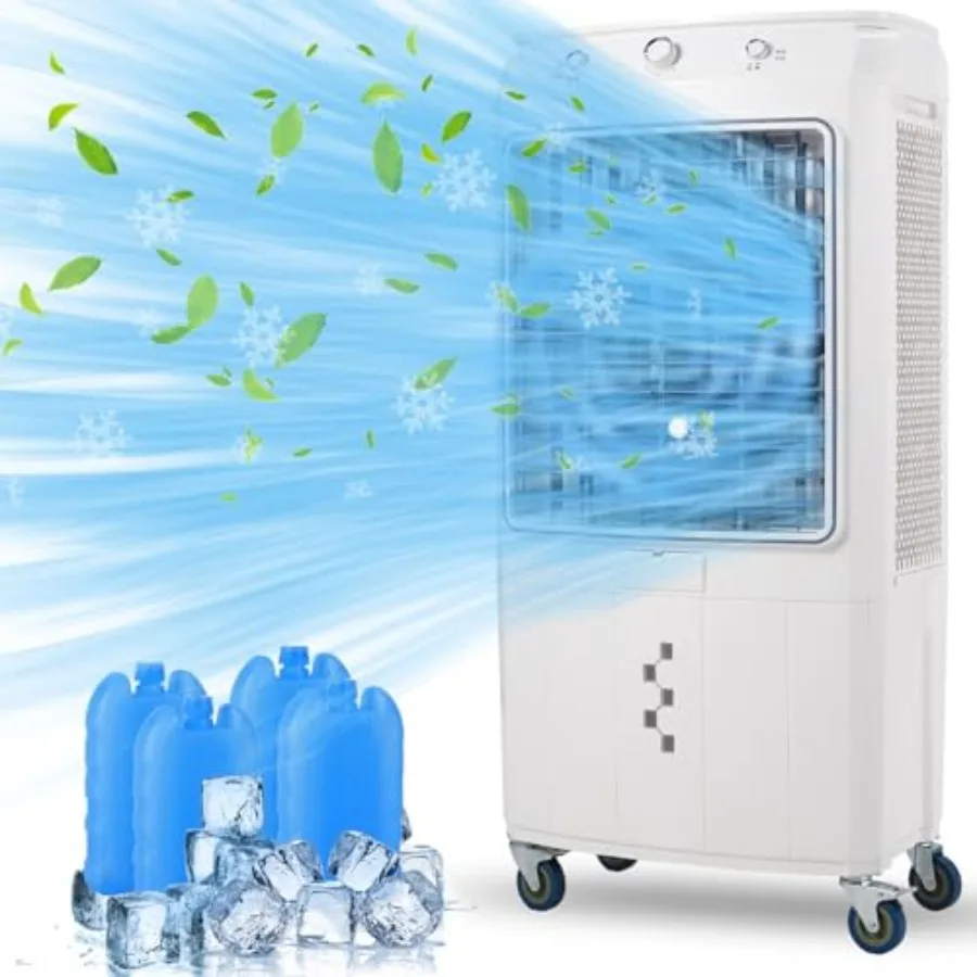 

Испарительный воздухоохладитель объемом 4100 куб. футов в минуту с резервуаром для воды емкостью 15,8 галлонов и 4 пакетиками льда для эффективного охлаждения на открытом воздухе и в помещении.