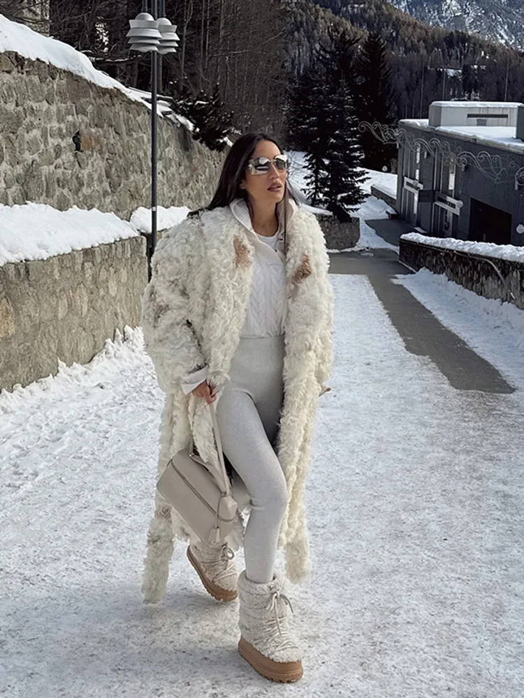 فو الفراء معاطف النساء منتصف طول معطف رفض طوق طويل ماكسي سميكة Y2k الشارع الشهير أنيقة المفتوحة غرزة الخريف جواكت شتوية