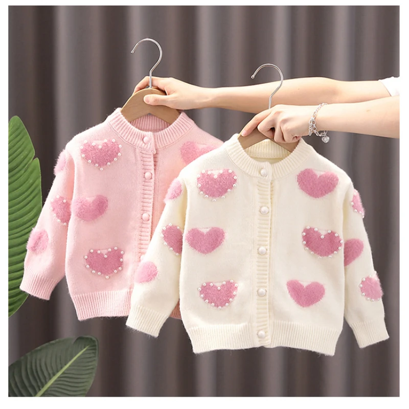 2023 Autumn Girls Sweaters Sweet Pink Knitted Cardigans Korean Princess Sweater Outerwear Long Sleeve Casual Baby Girl Clothes