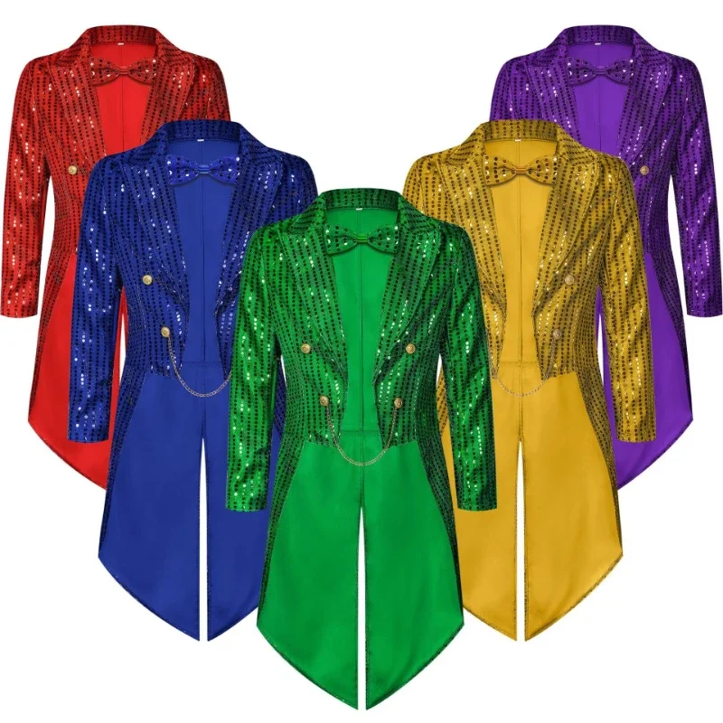 2026 New Carnival St. Patrick's Day Irish Green Flowing Light Tuxedo for Men,Sky Blue Mens Sequined Tailcoat Jacket with Bow Tie