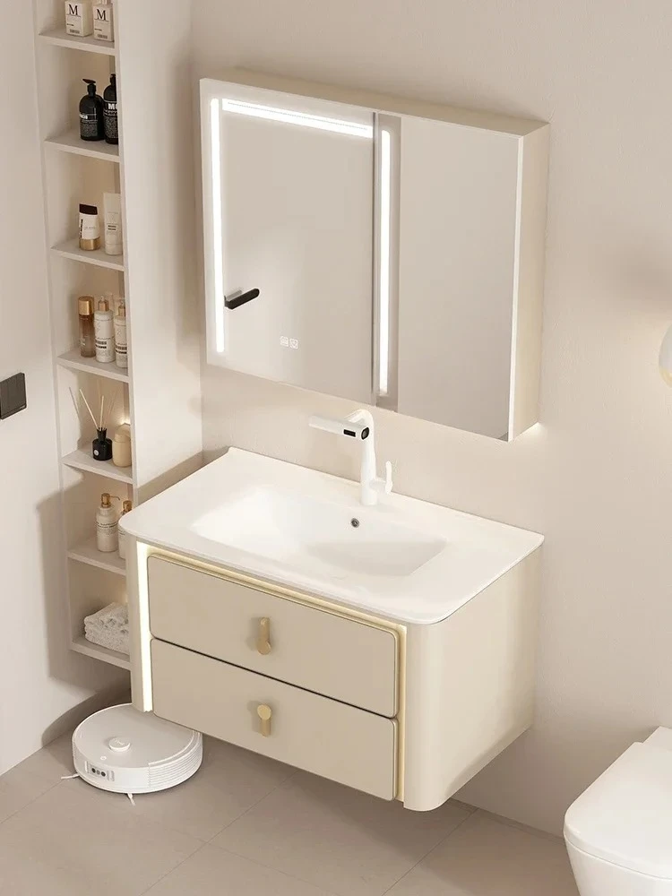 단단한 나무 크림 욕실 캐비닛 세라믹 전체 세면대 측면 보관 화장실 손 세척 욕실 캐비닛 조합