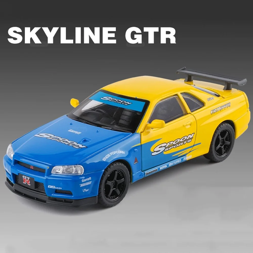 1:32 SKYLINE GTR R50 Model Zabawka Samochód Sportowy Odlew Stopowy 4 Otwierane Drzwi Dźwięk Światło Napęd Pull Back Gumowe Opony Pojazd Prezent dla Dzieci