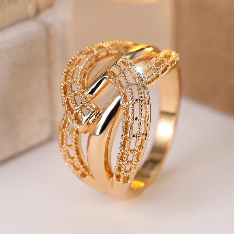 Light Luxury Style Hollow Out Interwoven Inlaid Zircon Ring, Female Niche Design, Temperament, Versatile Accessories Wholesale