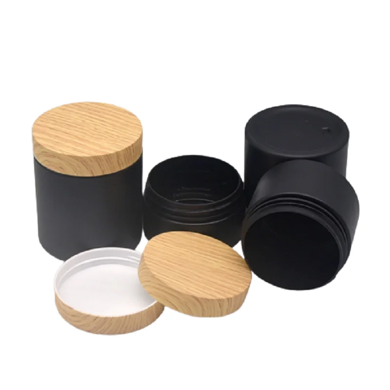 24Pcs Empty Plastic Facial Cream Jar False Wood Lid 100g120g150g200g250g Frost Black Cosmetic Pot Wide Mouth Refillable Bottles