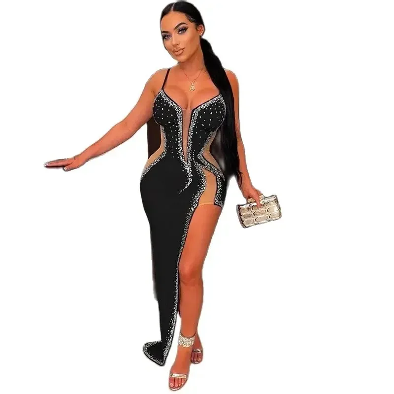 

Sexy See-through Mesh V Neck Suspenders Women Dresses Hot Diamonds Decoration Dress Female Split Hem Slim Fit Banquet Party Gown