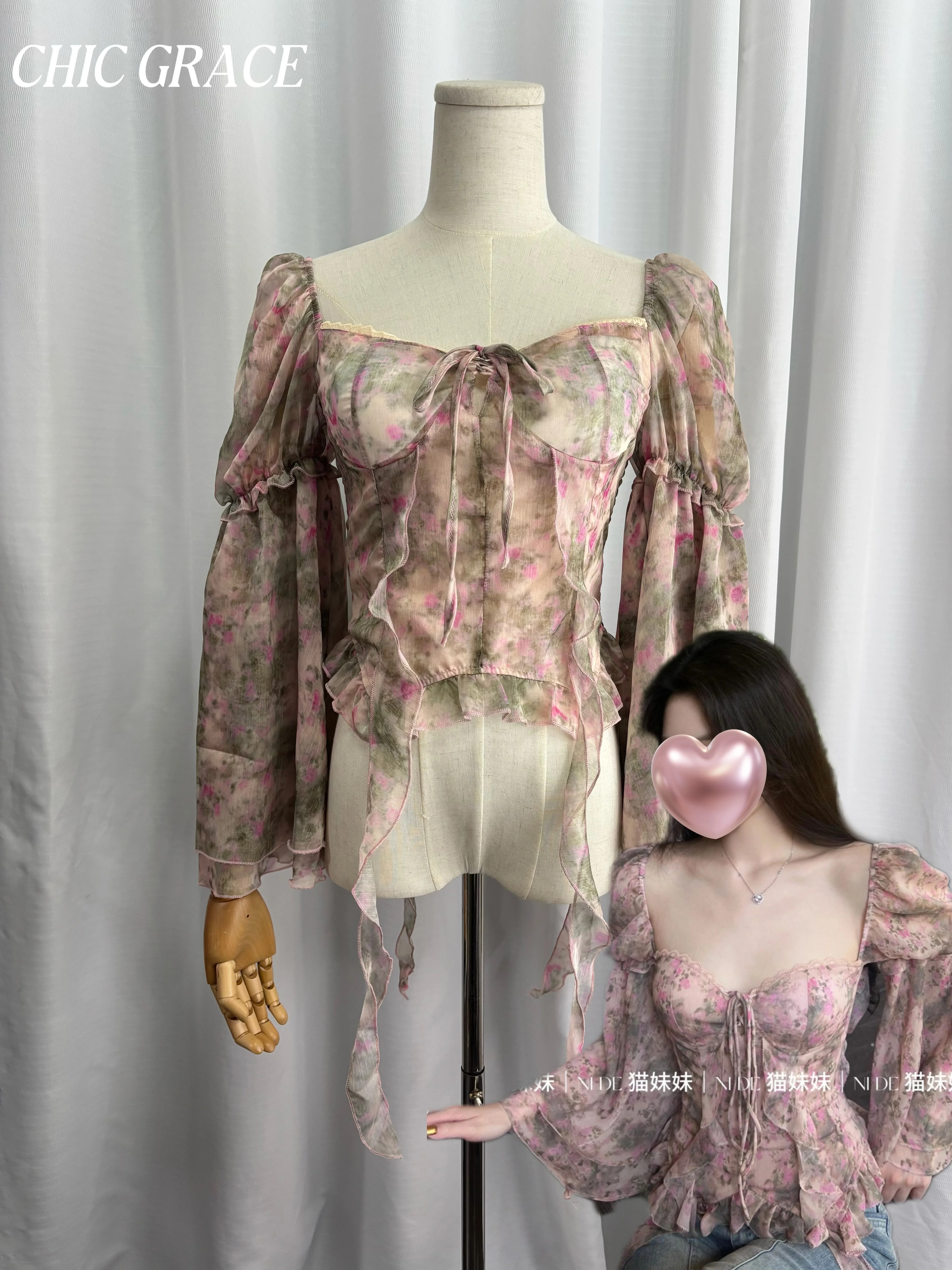 

Real shot Floral Printed Chiffon Blouse for Women, Puff Sleeve Square Neck Waist - Cinching Top, Elegant Ruffle Detail Vintage S