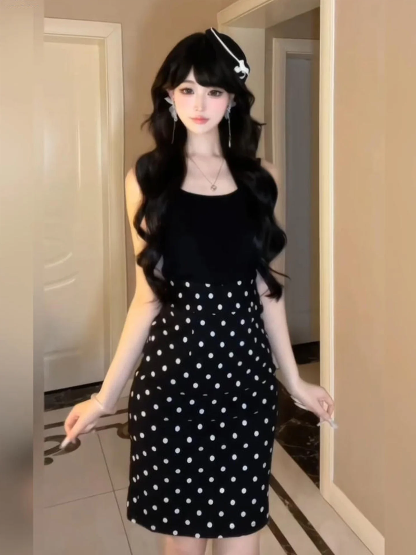 

Комплект XZY: юбка-карандаш в горошек и вязаный укороченный топ для женщин, летний, с завышенной талией, в корейском стиле, модный