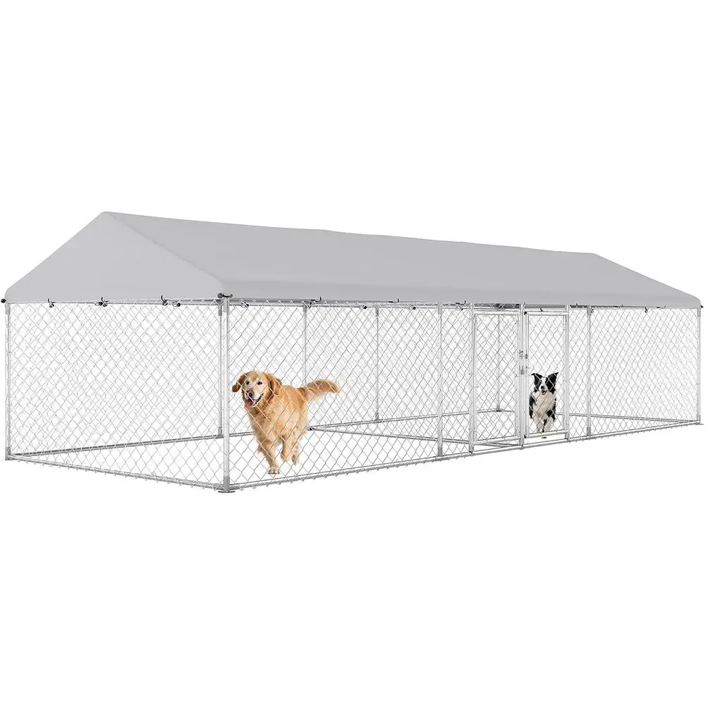 

Durable Outdoor Dog Kennel - 20'L x 7.5'W x 5.2'H, Double Room, Waterproof Roof, Galvanized Chain Link, Secure Lock for Large Do