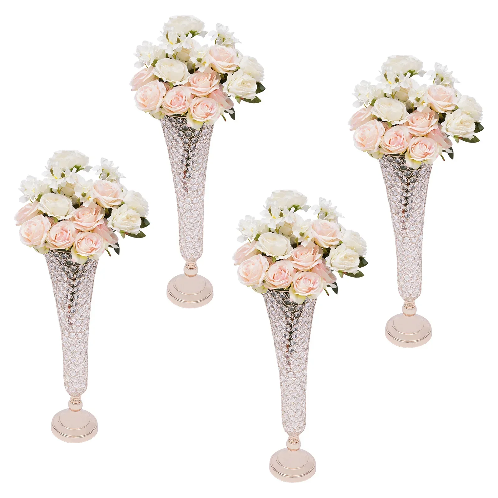 

4pcs Crystals Trumpet Floral Vase Wedding Flower Stand For Table Centerpiece Gold Flower Vase For Home Decoration