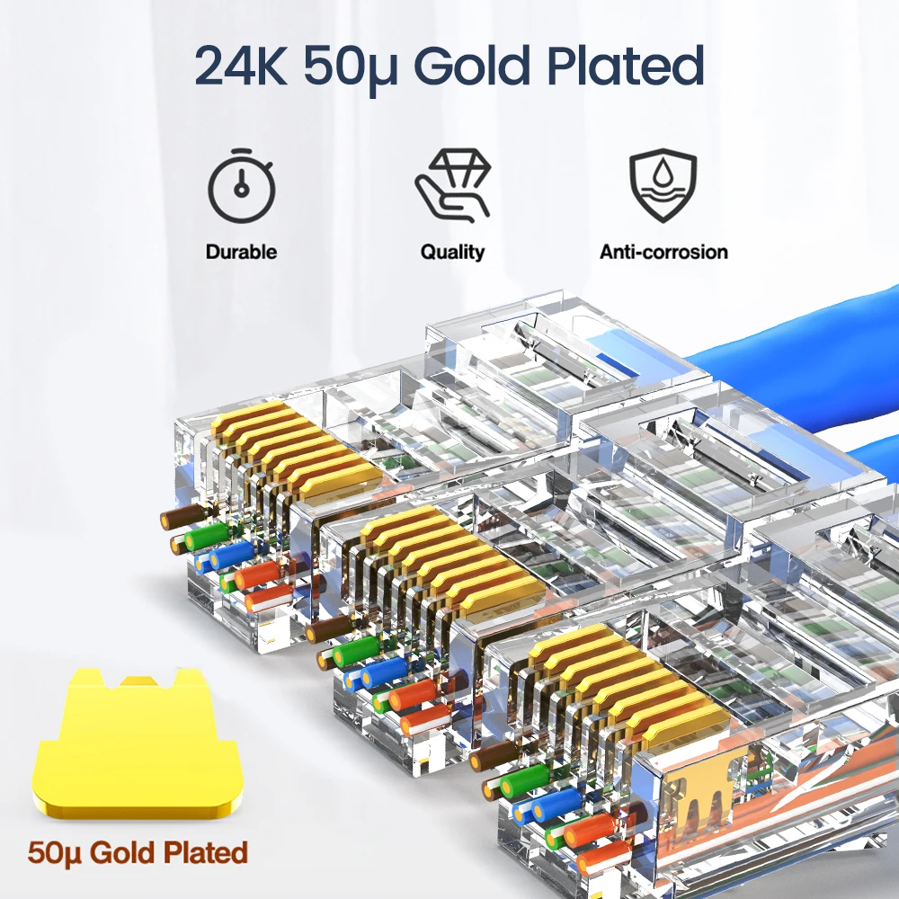 AMPCOM RJ45 Connector 50U Gold Plated CAT7 CAT6 CAT5E Pass through Modular Plug 8P8C Crimp End for Solid Wire Stanrded Ethernet