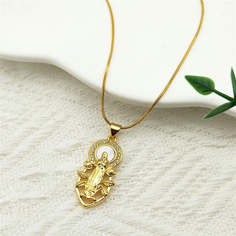 

Zircon Virgin Mary Shell Pendant Necklace For Women Men Stainless Steel Gold Color Flower Our Lady Christian Amulet Jewelry