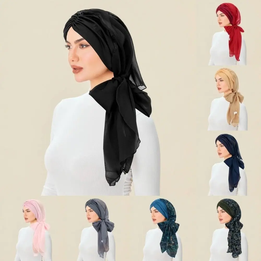 Comfortable Flower Hijab Caps Wrap Style Soft Polyester Islamic Bottoming Hat Elastic Breathable Pre-tie Turban Hat Hair Loss