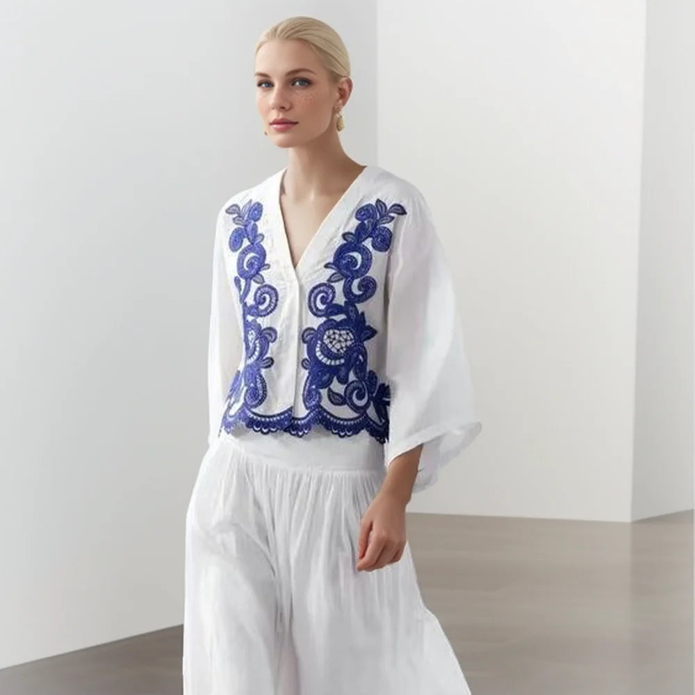 In the summer of 2024the new women\'s contrast embroidered loose shirt & fashion casual skirt suit