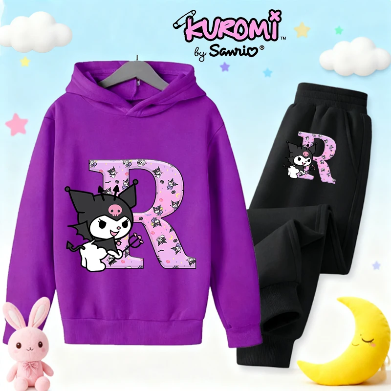 

2PCS Kuromi Girls' Hoodie and Pants Set Child Cartoon Anime Alphabet Pattern Sweatshirt Autumn Winter Warm Sportswear Homewear