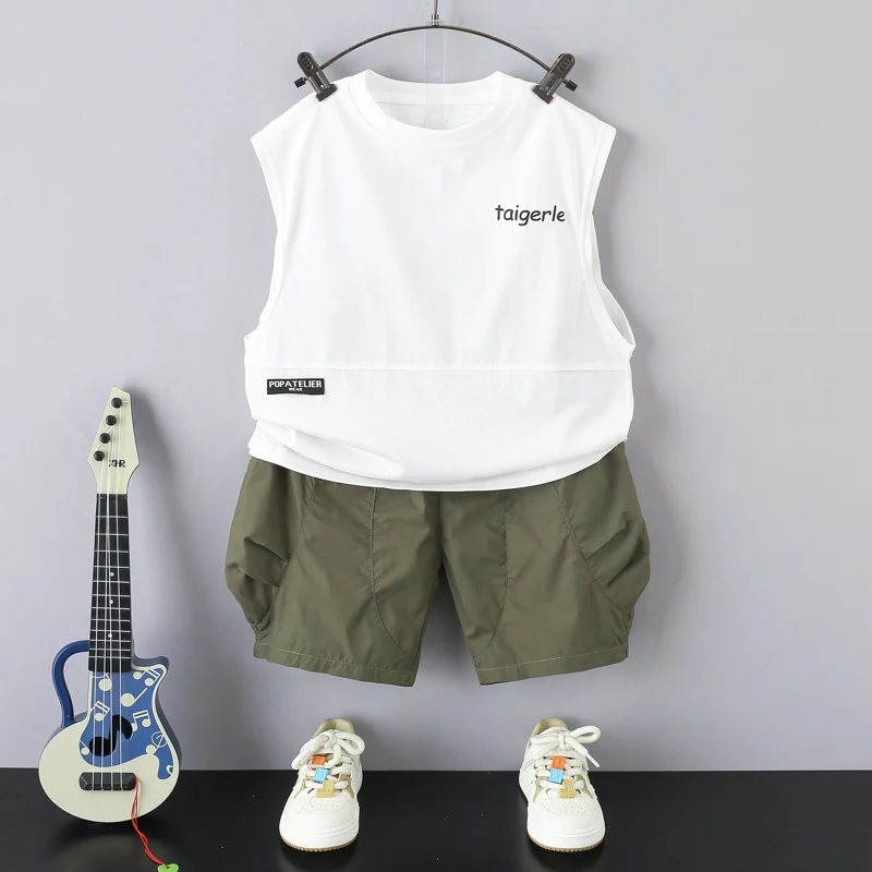 

Летний комплект для мальчиков: модный костюм-двойка без рукавов, детская одежда из хлопка и регенерированного целлюлозного волокна, шорты, повседневный спортивный стиль