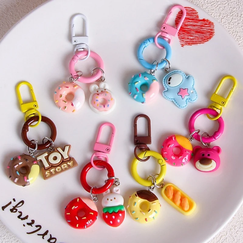 Cute Donut Keychain Bag Pendant Cartoon Colorful Donut Bread Bunny Strawberry Keyring Backpack Charms Car Earphone Decor Gifts