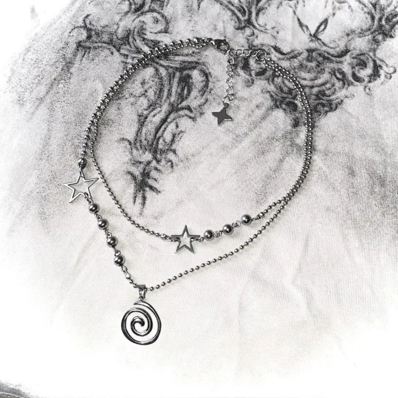 Stainless steel spiral pendant necklace / layered choker / star charm necklace / grunge cyber y2k fairycore subversive archive