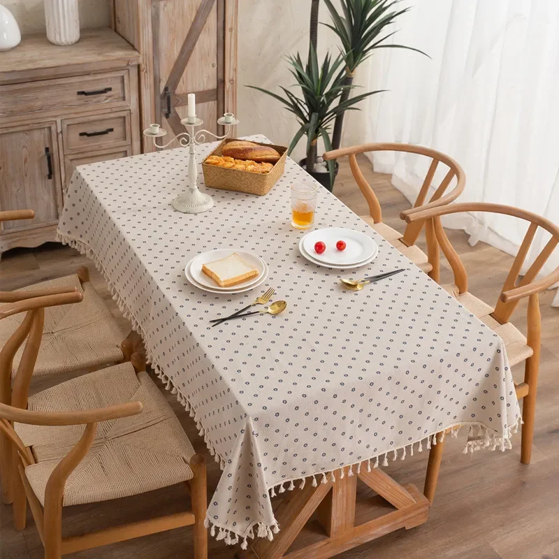 Retro Small Flowers Rectangle Tablecloths Tassel Polyester Cotton Printed Table Covers for Living Room Kitchen Dining Decoration