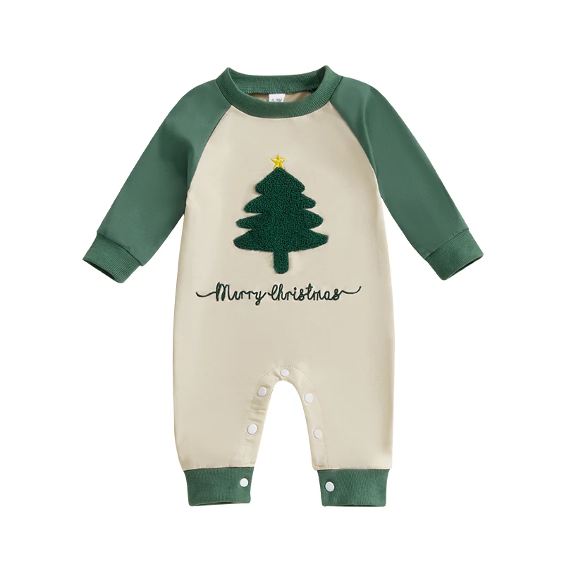 Newborn Baby Boy Christmas Outfit Christmas Tree/Car Embroidery Romper Color Block Bodysuit Jumpsuit Fall Outfit 0-18M