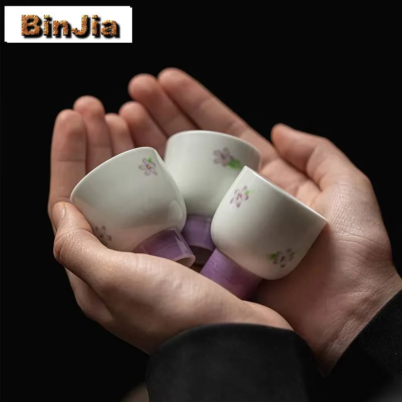 

2pc/set White Porcelain Master Cup Hand Drawn Wisteria Flower Tea Boutique Single Cups Meditation High Feet Craft Supplies 30ml