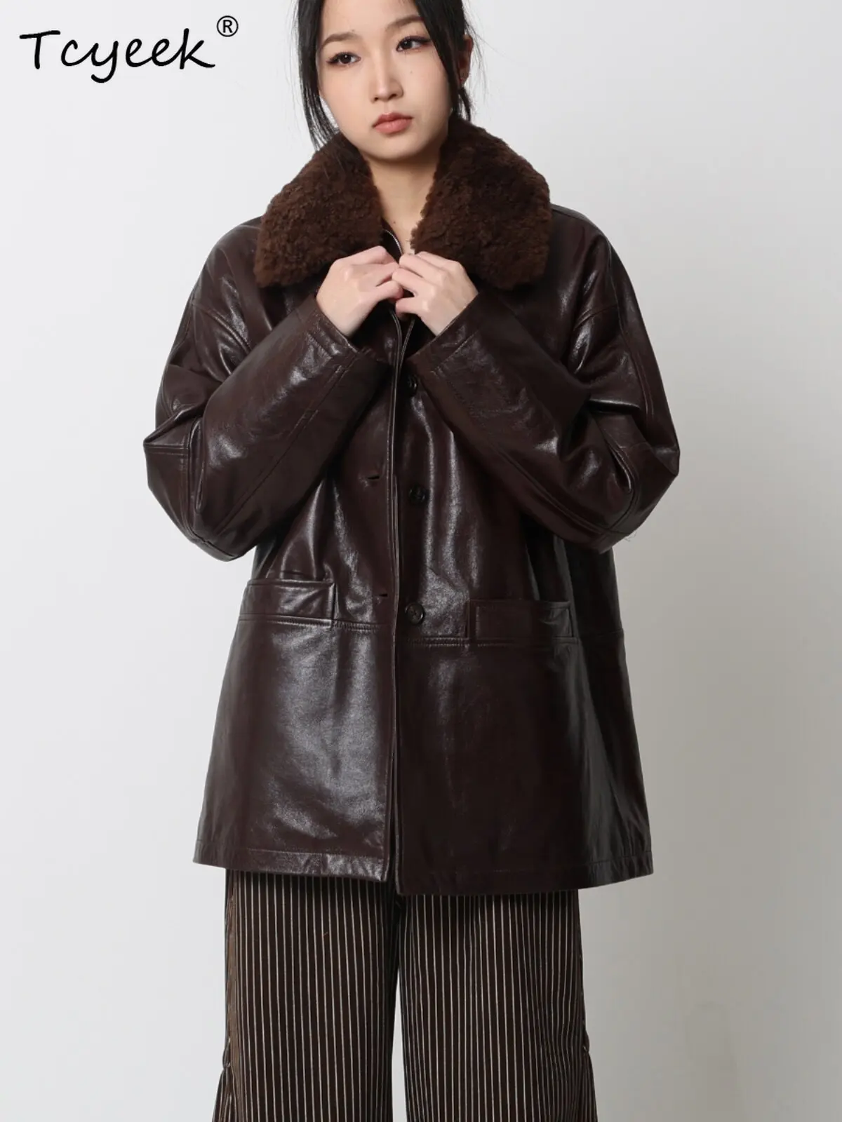Tcyeek Real Leather Jacket Women White Goose Down Coats Loose Fit Vegetable Tanning Sheepskin Trench Coat Woman Lamb Wool Collar