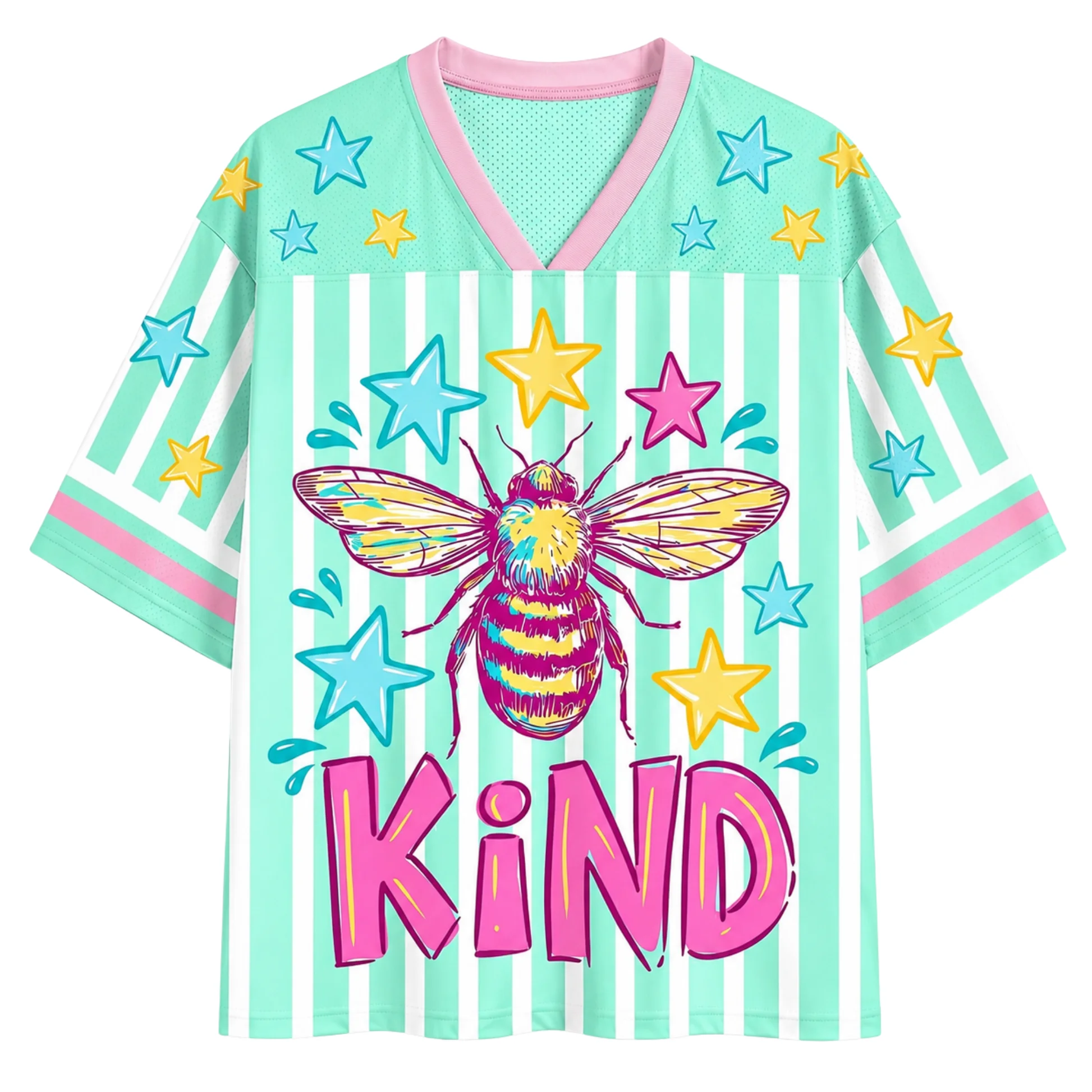 Cute Bee Star Graphic Mesh Jersey Women Vertical Striped V Neck Color Cuff Short Sleeve Loose Casual Y2K Street Fashion T Shirt