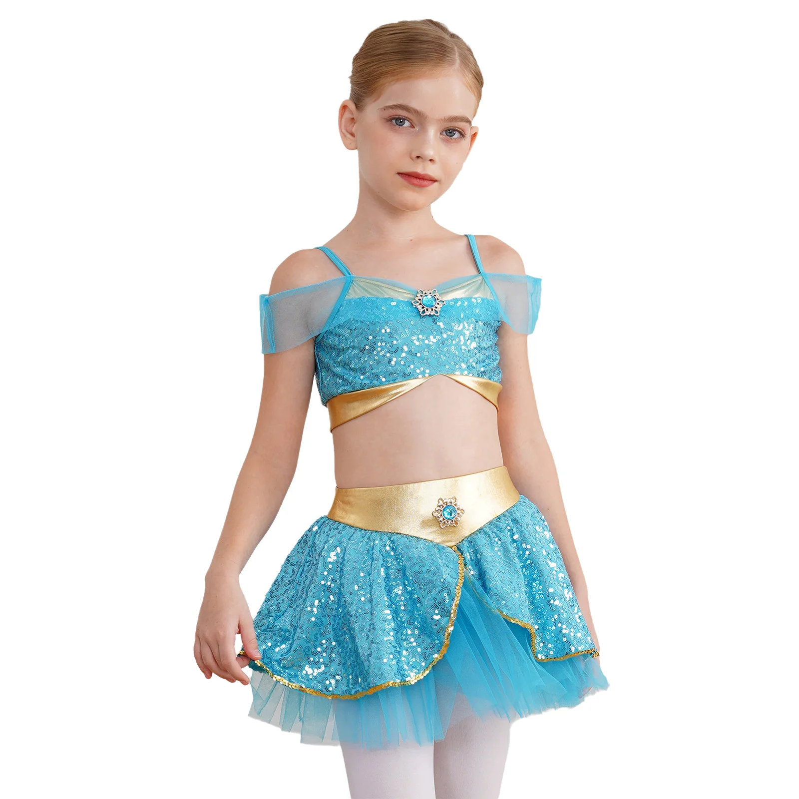 Kinder glänzende arabische Prinzessin Bauchtanz 2 Stück setzt Schulter Crop Top mit Tutu Röcke Halloween Lampe Cosplay Kostüm