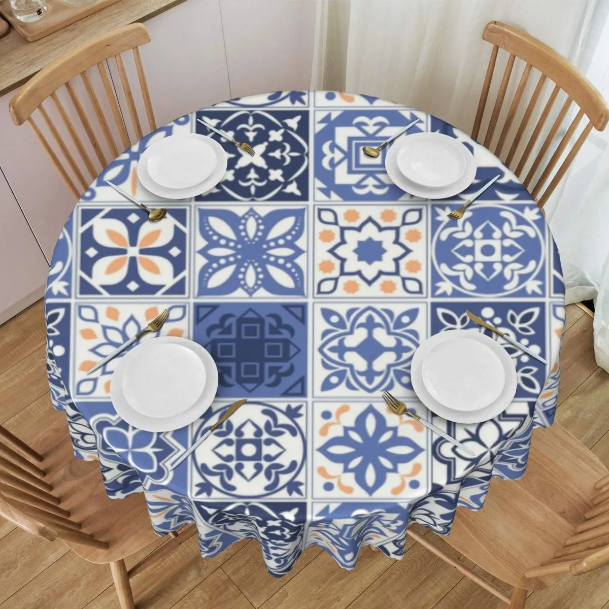 الأزرق البرتغالية بلاط مفرش المائدة مستديرة مقاوم للماء البرتغال Azulejo زهرة الجدول القماش غطاء لغرفة الطعام 60 بوصة #2