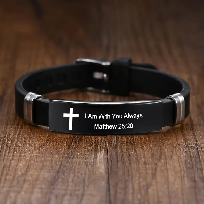Pulsera de versículo de la Biblia con cruz cristiana, pulseras de fe inspiradoras de acero inoxidable negro para hombres y mujeres, joyería